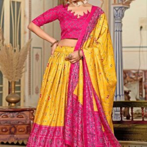 Women's Tussar Silk Patola Print Lehenga Choli Dupatta Set
